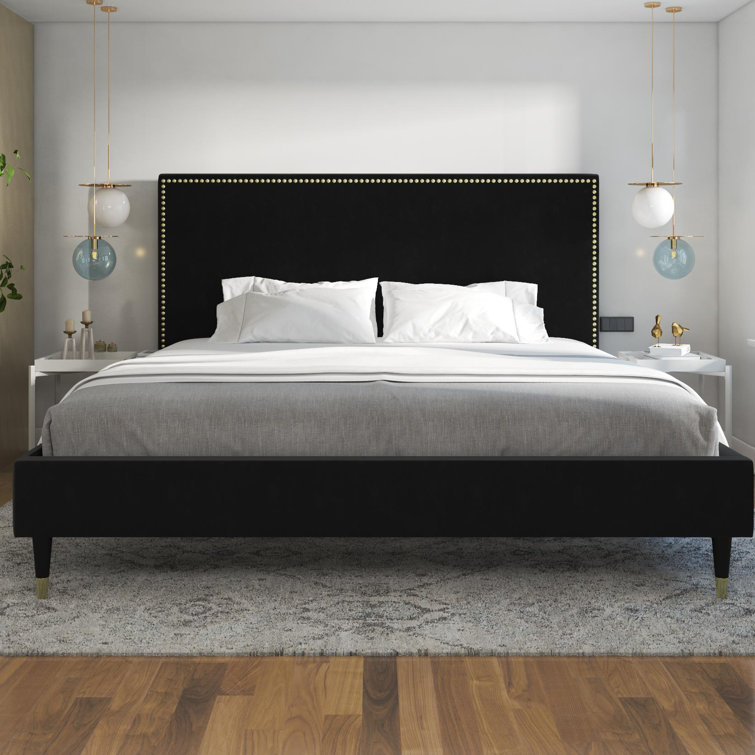Audrey King Black Velvet Upholstered Platform Bed with Nailhead Trim
