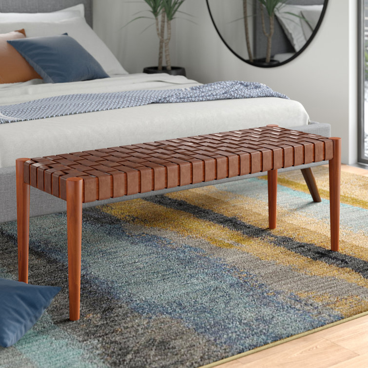 Amalia 47'' Cognac Leather and Dark Brown Mindi Wood Bench