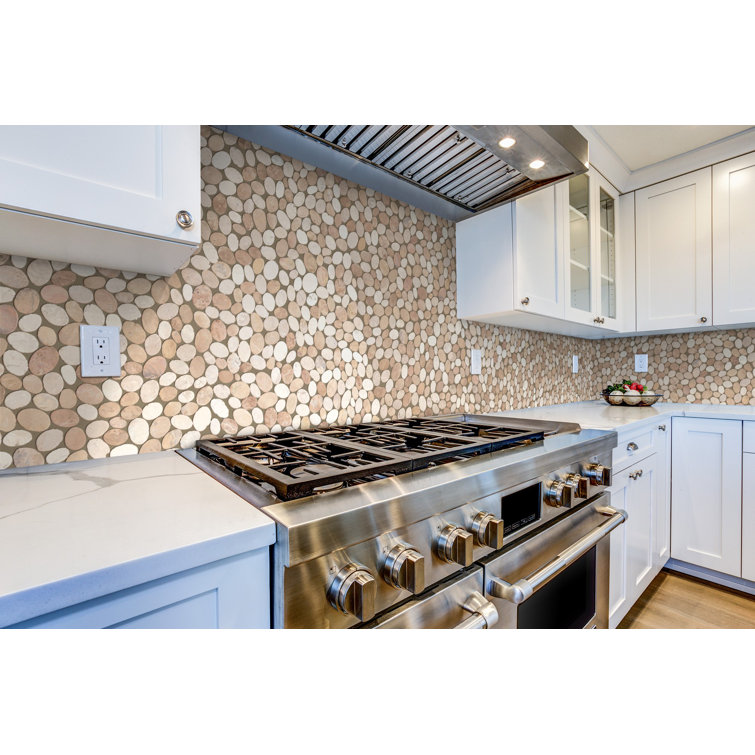 Tan and White Tumbled Marble Pebble Mosaic Tile
