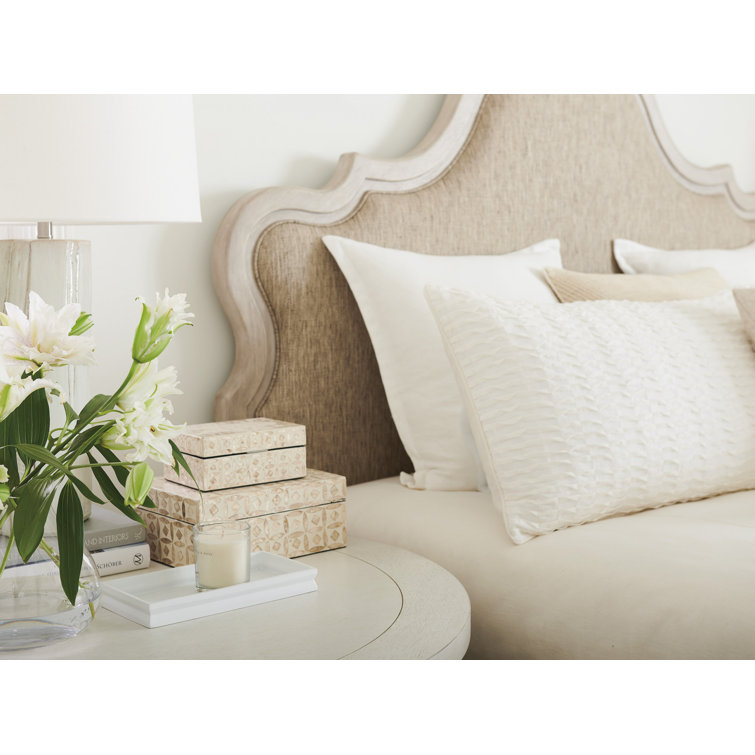 Scandinavian White Washed Wood King Bed with Upholstered Headboard