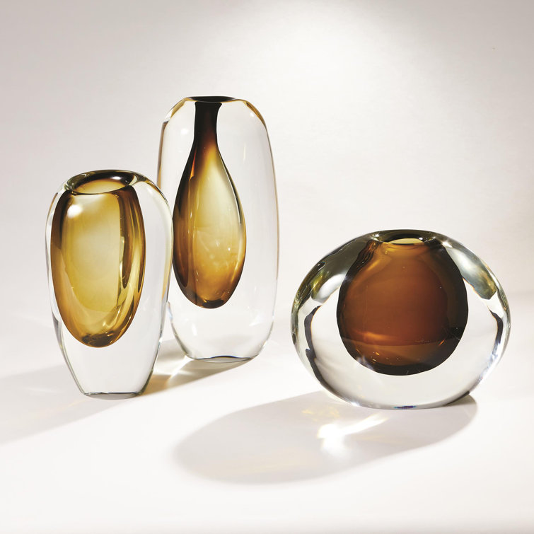 Amber and Clear Glass Decorative Round Vase