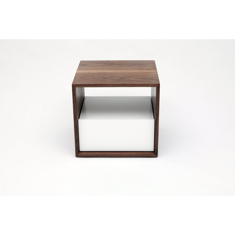Walnut and White Solid Wood Nightstand with Drawer