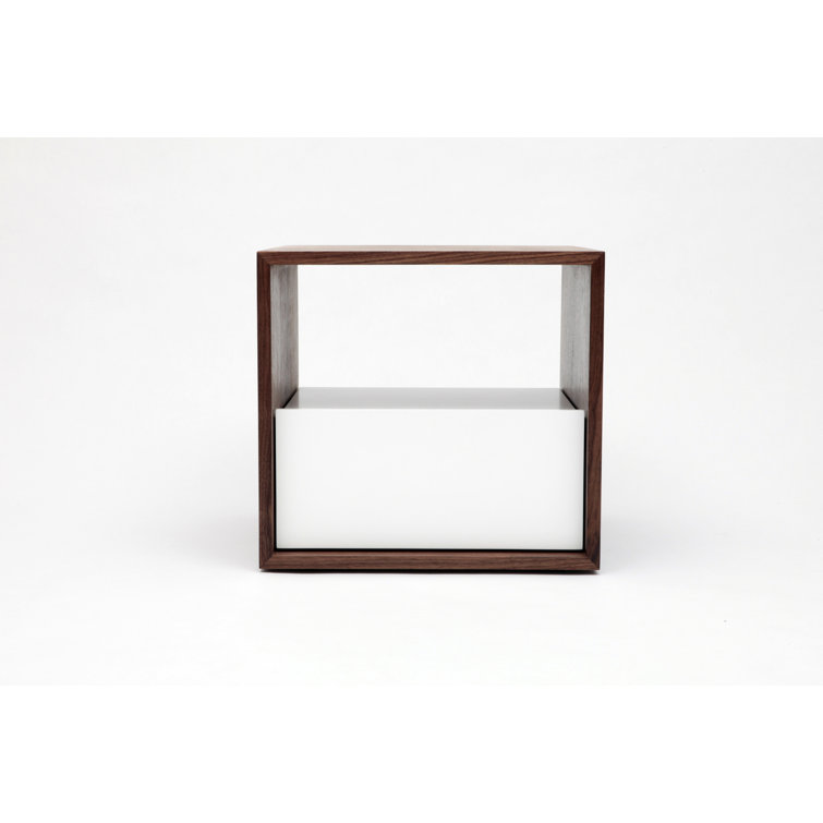 Walnut and White Solid Wood Nightstand with Drawer