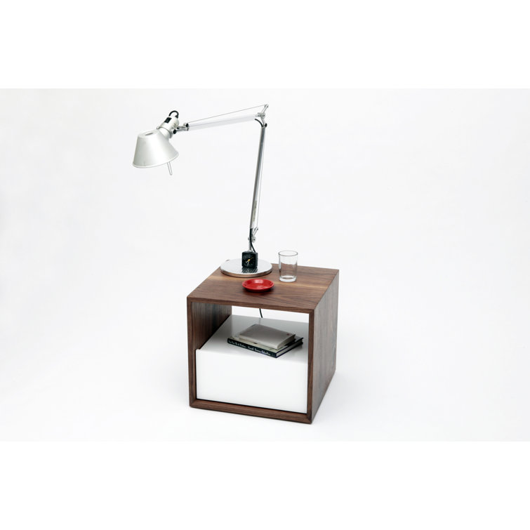Walnut and White Solid Wood Nightstand with Drawer