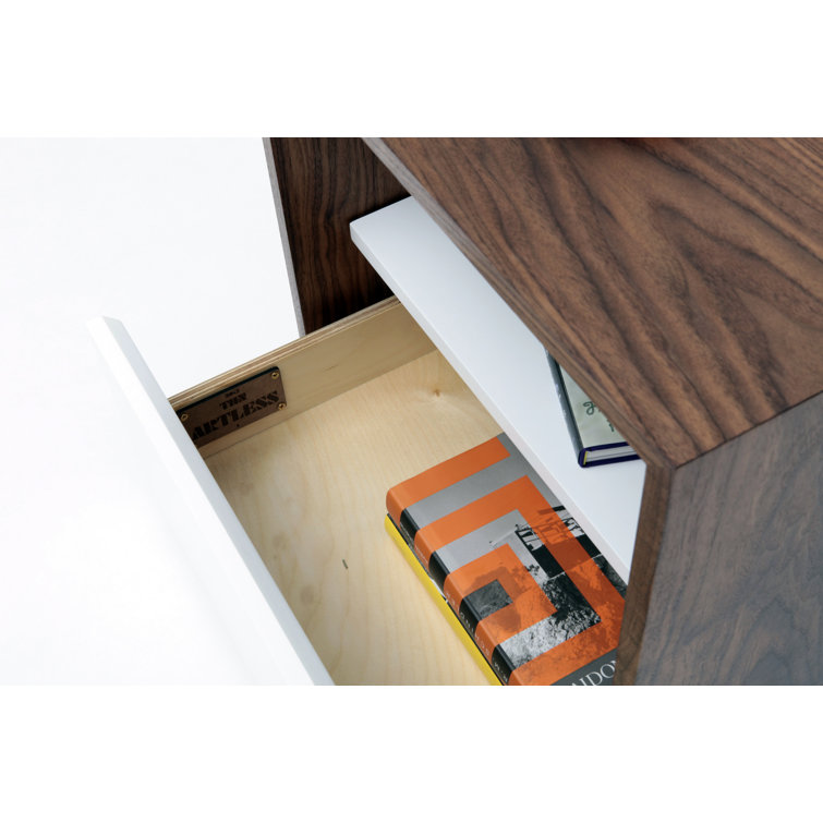 Walnut and White Solid Wood Nightstand with Drawer