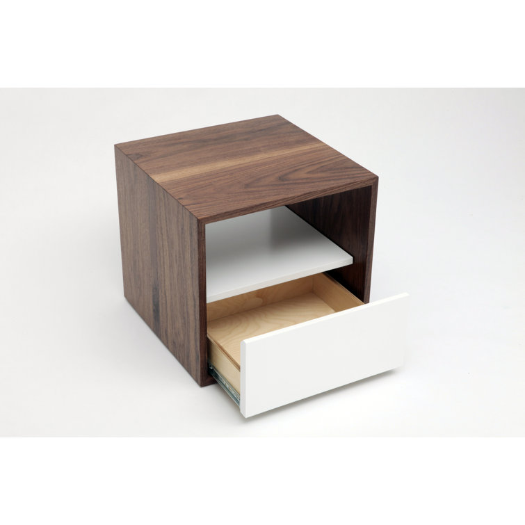Walnut and White Solid Wood Nightstand with Drawer