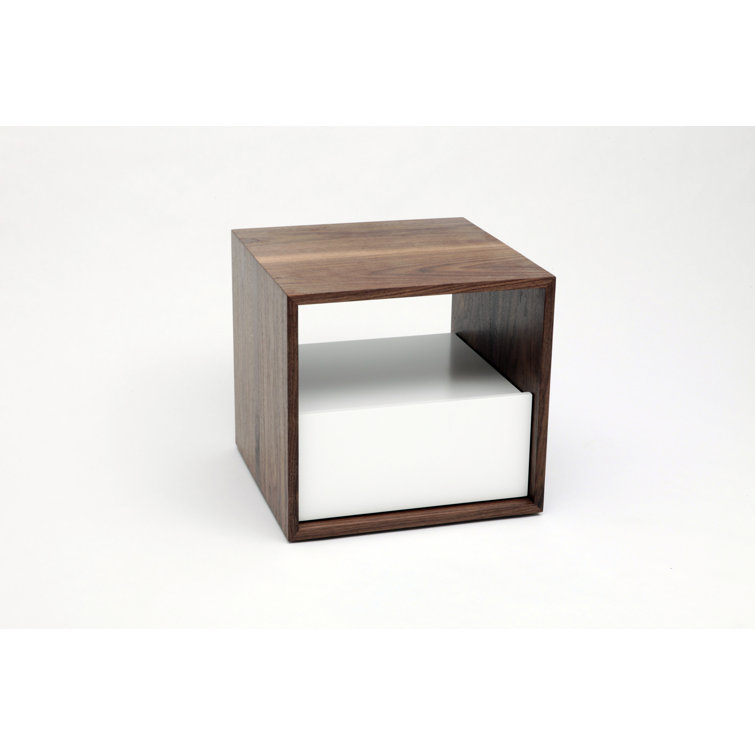 Walnut and White Solid Wood Nightstand with Drawer