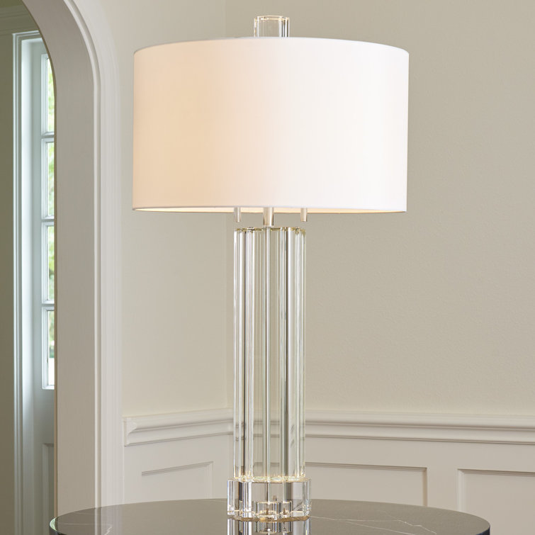 Fluted Nickel Crystal 2-Light Chandelier with White Faux Silk Shade
