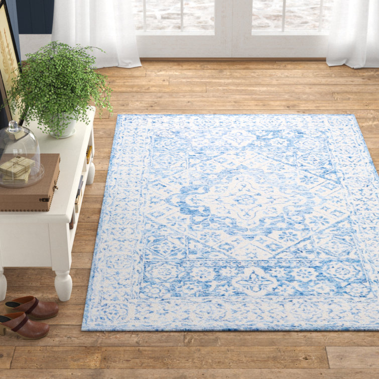 Handmade Blue and White Wool Tufted Rectangular Rug 5' x 7'