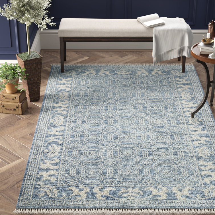 Addie Denim/Cream Geometric Hand-Knotted Wool Area Rug 8'6" x 11'6"