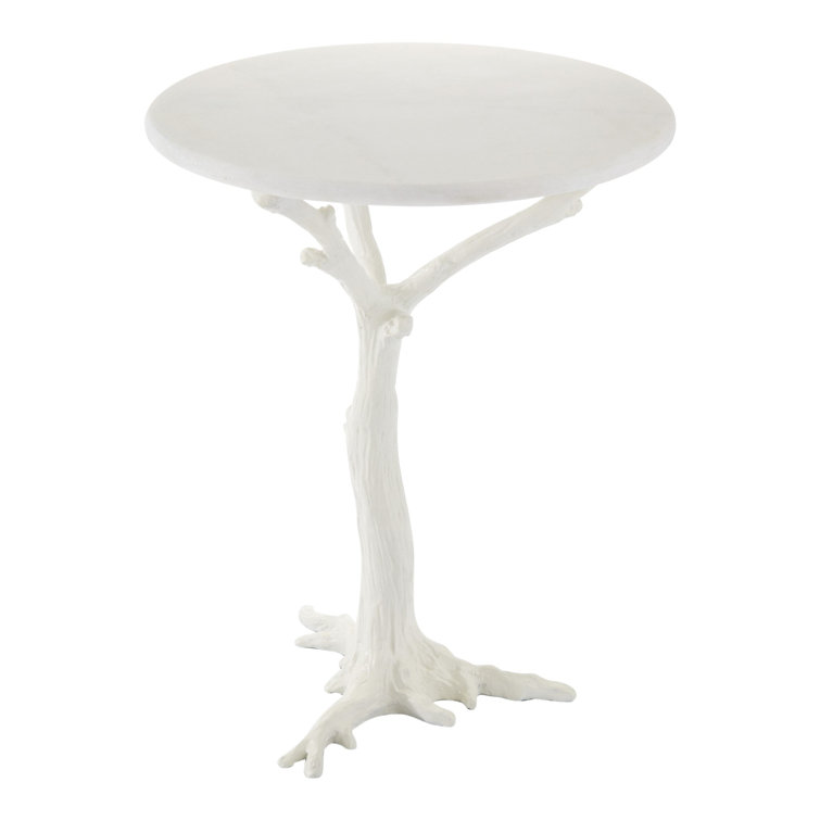 White Powder-Coated Round Stone and Metal Side Table