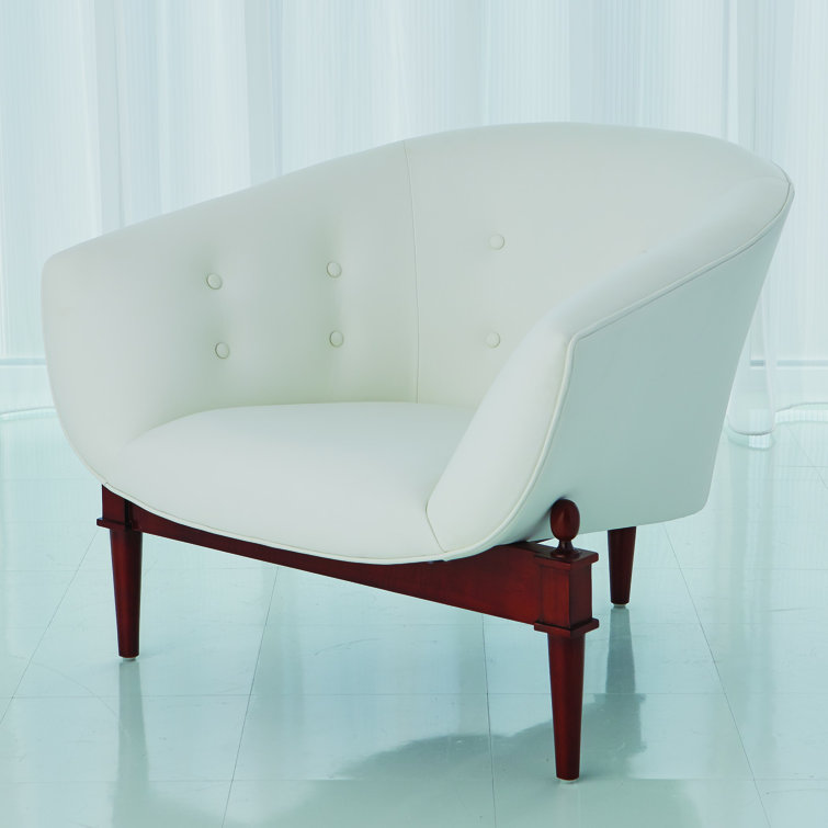 Mimi Barrel Chair in White Genuine Leather with Walnut Oak Frame