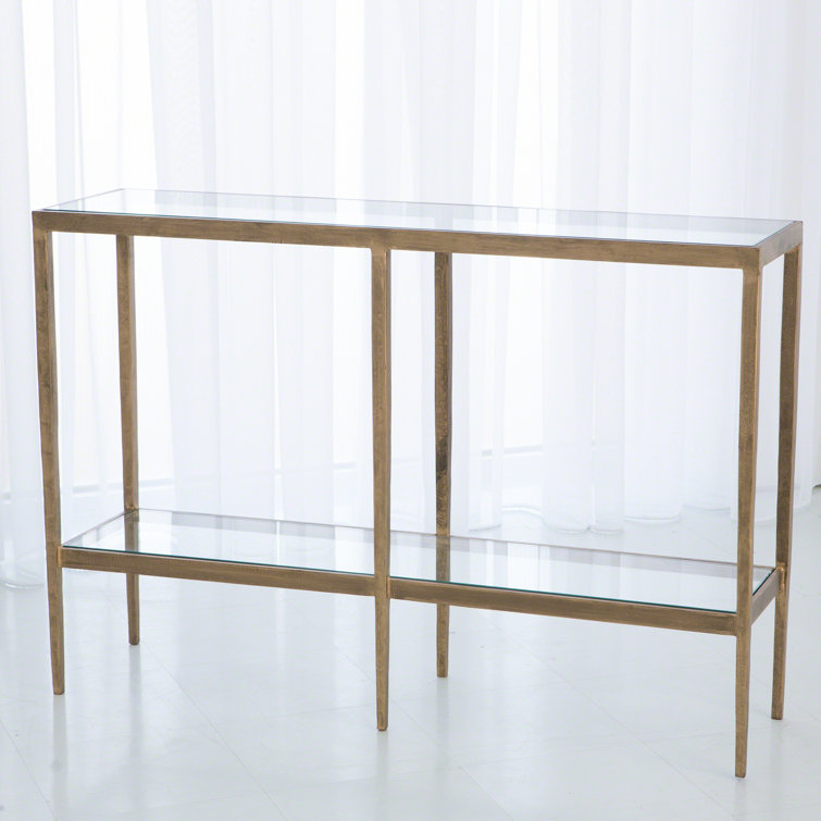 Laforge Antique Gold Streamlined Metal & Glass Console with Storage