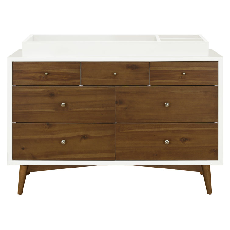 Warm White and Natural Walnut Mid-Century Double Dresser with Tapered Legs