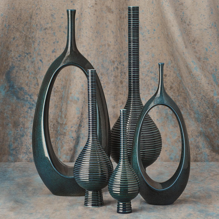 Celestial Dark Teal Ceramic Oval Ring Table Vase