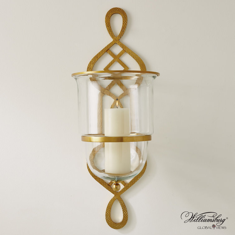 Grand Fret Gold Hand-Forged Iron Wall Sconce with Glass Hurricane