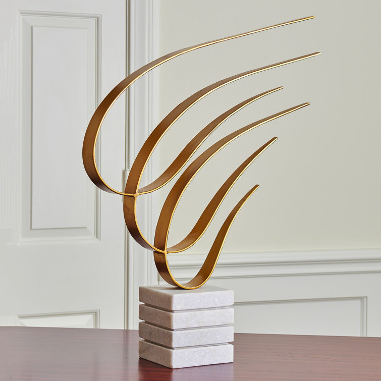 Gold Metal Swoosh Sculpture with Marble Base