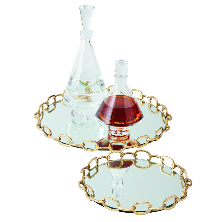 Elegant Round Linked Mirrored Large Tray with Polished Brass Finish