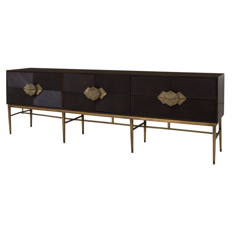Dark Walnut Chevron Media Cabinet with Brass Hardware