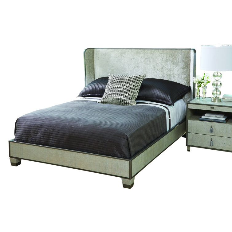 Pewter Velvet Upholstered Queen Bed with Winged Headboard