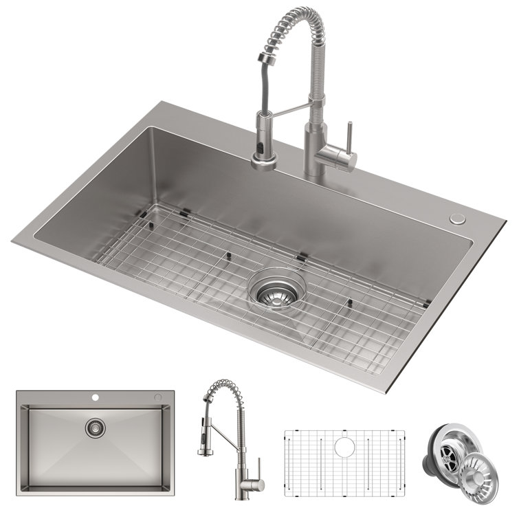 Stainless Steel Dual Mount Kitchen Sink with Pull-Down Faucet, 33"