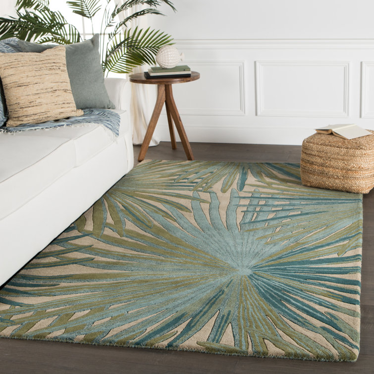 Palmetto Tropical Bliss Hand-Tufted Blue Wool Rectangular Rug