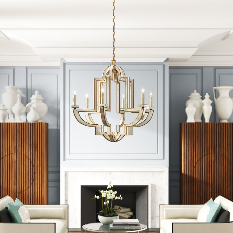 Antique Brass and Mirror 6-Light Art Deco Chandelier
