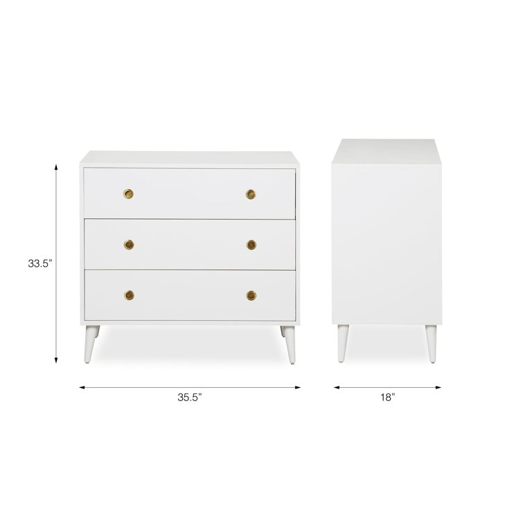 White Mid-Century Modern Pine Wood 3-Drawer Dresser