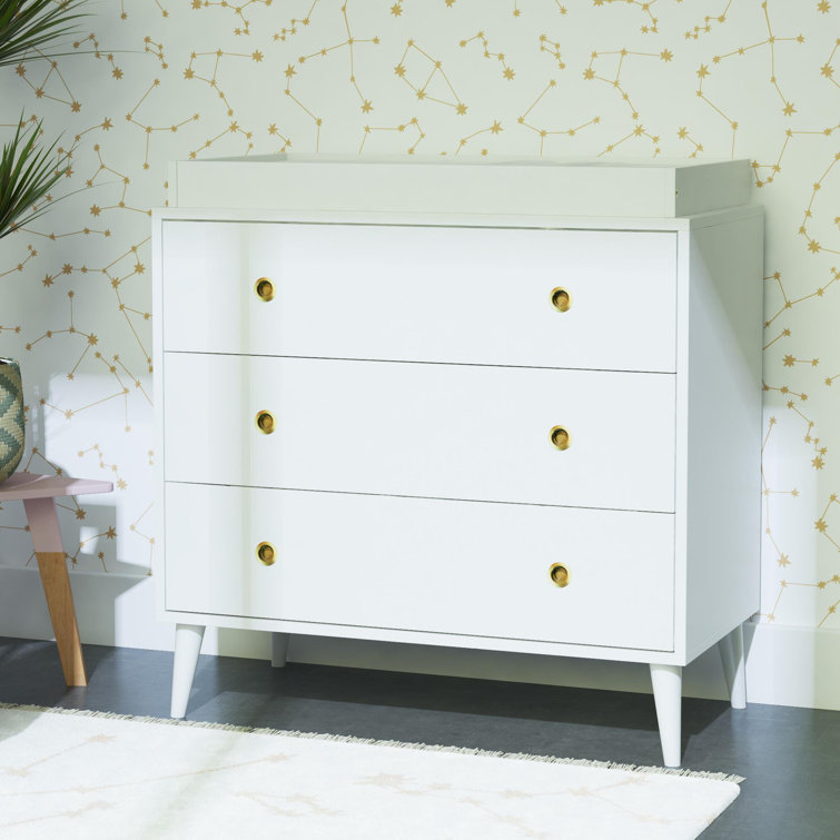 White Mid-Century Modern Pine Wood 3-Drawer Dresser