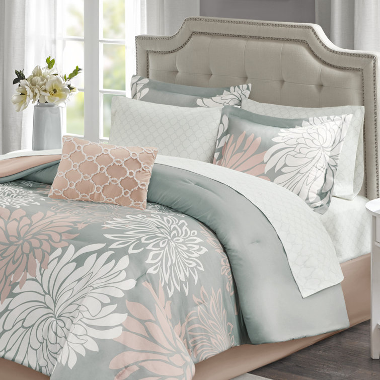 Blush and Grey Twin Reversible Floral Comforter Set