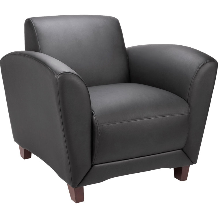 Black Leather Reception Chair with Tablet and Wood Legs