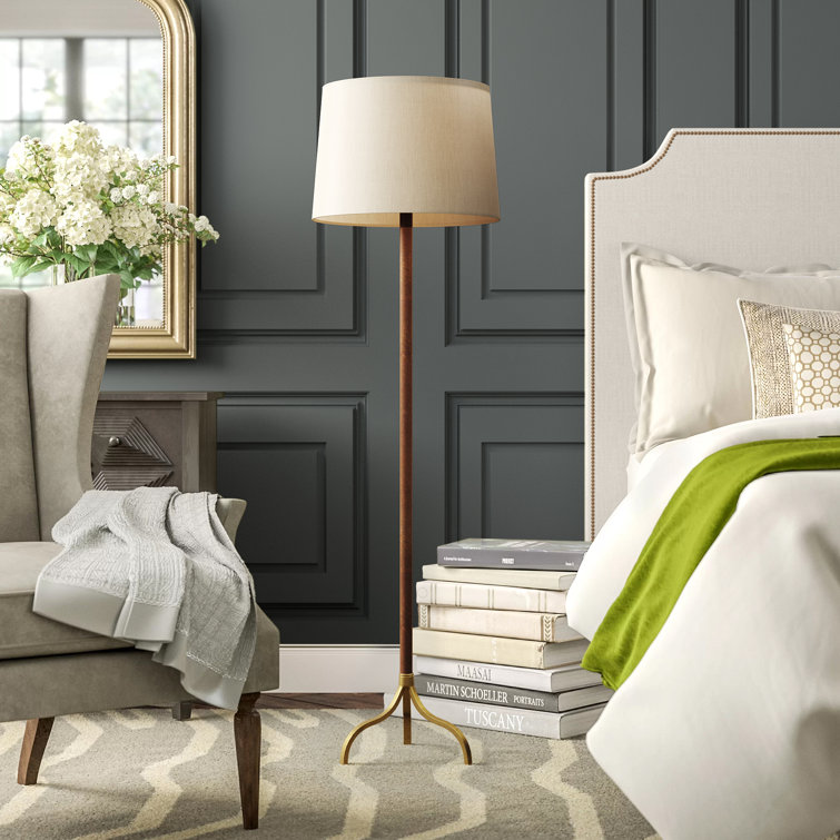 Gold & Brown Leather-Covered Tripod Floor Lamp with Beige Shade