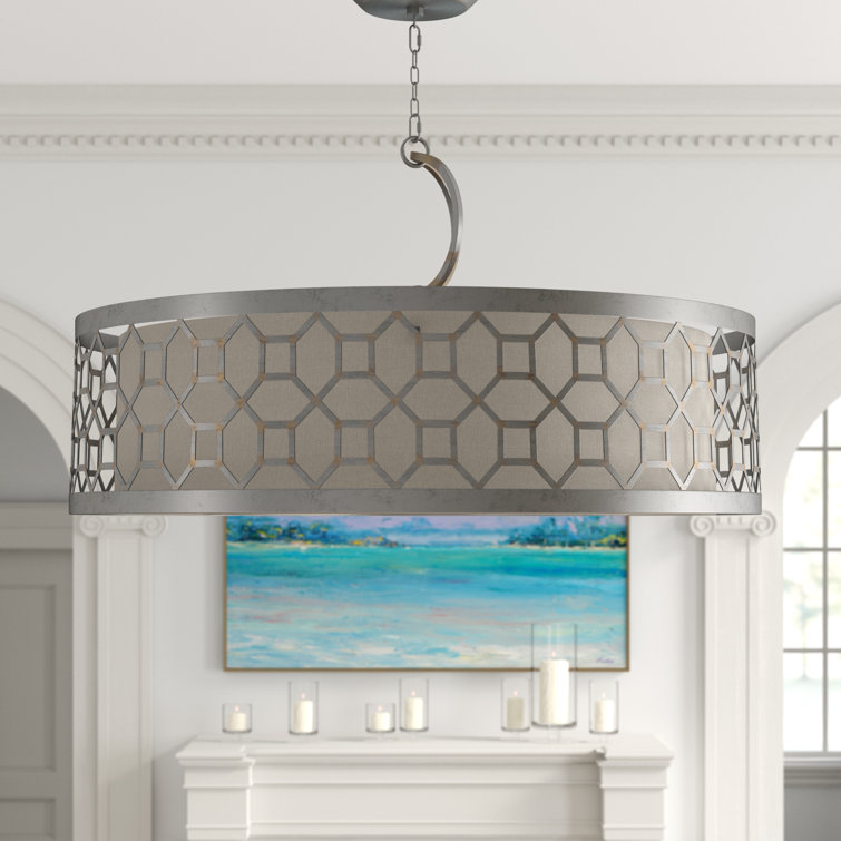 Allegretto 5-Light Drum Pendant in Platinized Silver Leaf with White Linen Shade