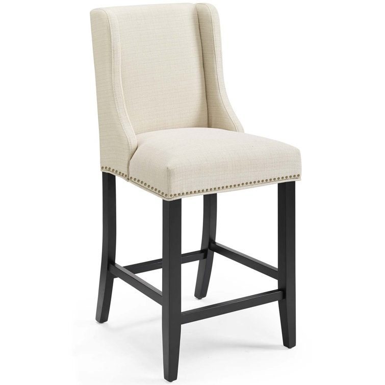 Beige Upholstered Wood Counter Stool with Nailhead Trim