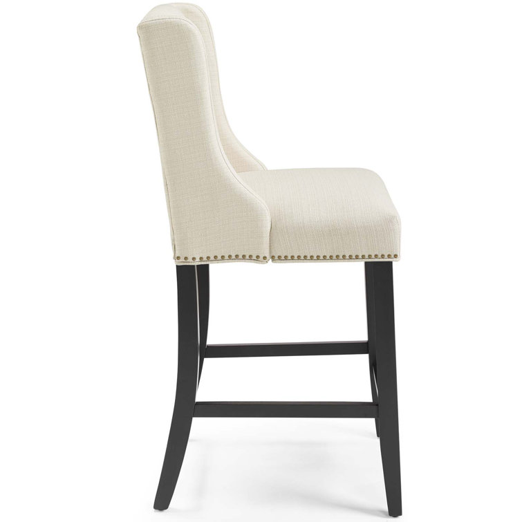 Beige Upholstered Wood Counter Stool with Nailhead Trim