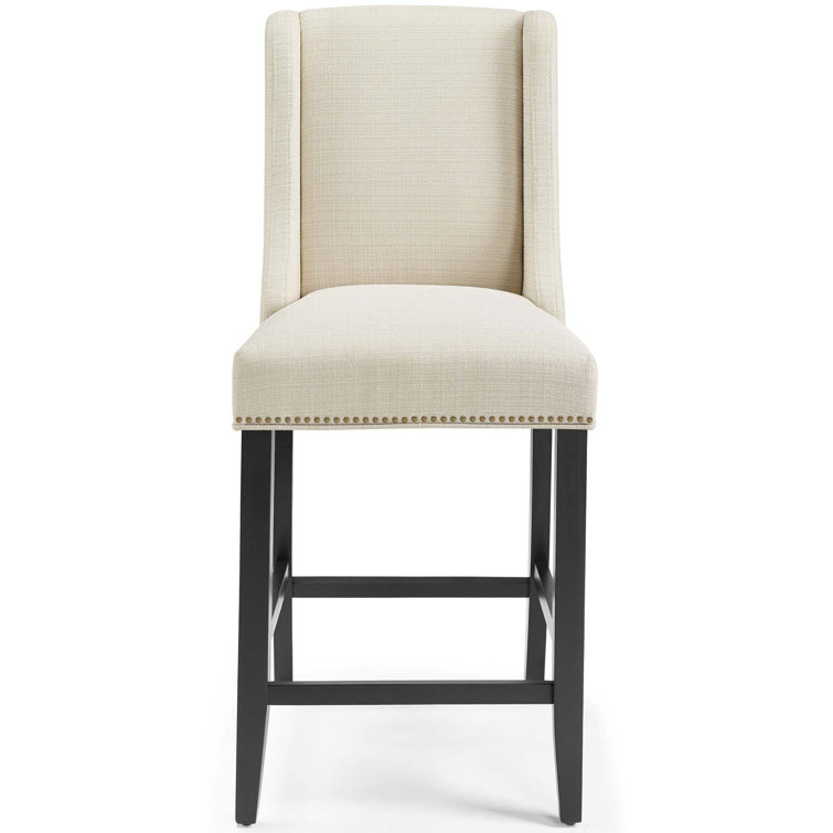 Beige Upholstered Wood Counter Stool with Nailhead Trim