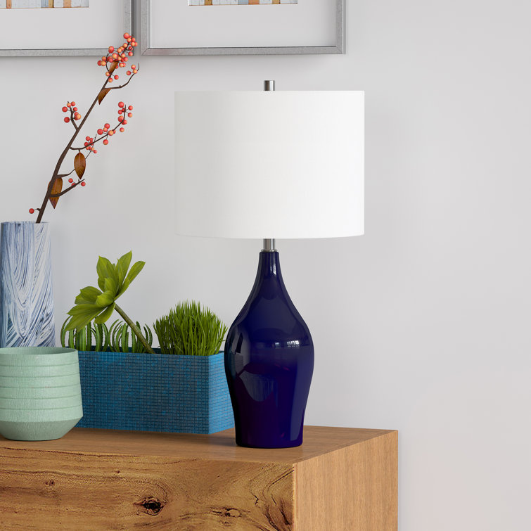 Navy Blue Ceramic Table Lamp with White Drum Shade