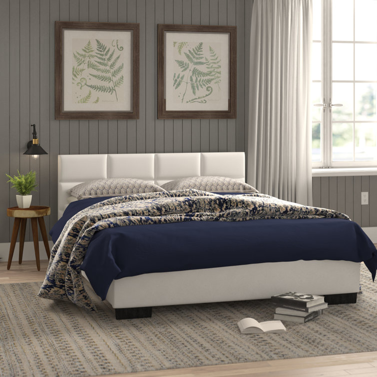 White Queen Faux Leather Upholstered Platform Bed with Tufted Headboard