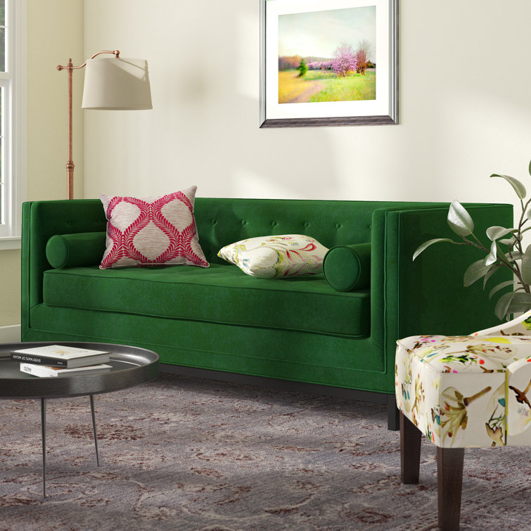 Venice Peacock Black Velvet Tufted Tuxedo Sofa with Maple Wood Legs