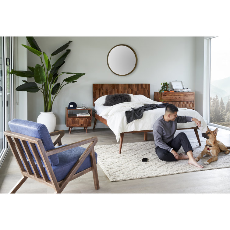 Deluxe Mid-Century Modern Sheesham Wood Queen Platform Bed with Storage
