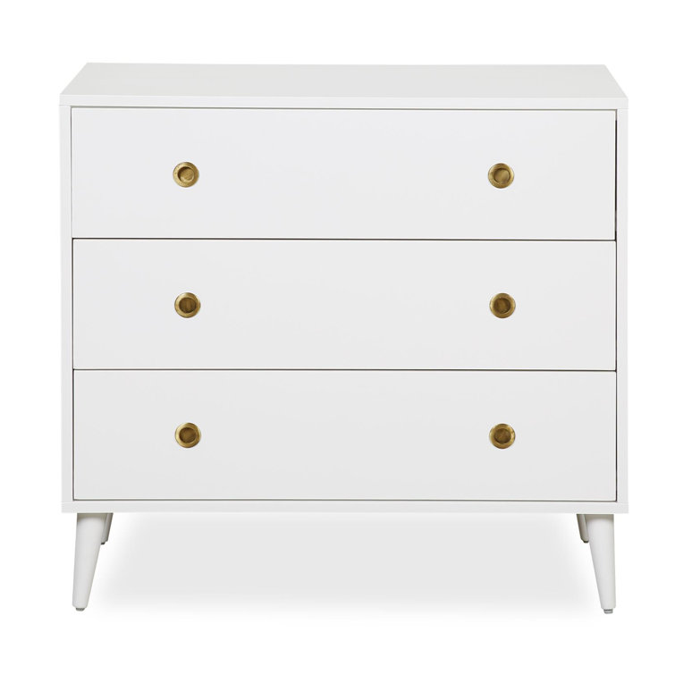 White Mid-Century Modern Pine Wood 3-Drawer Dresser