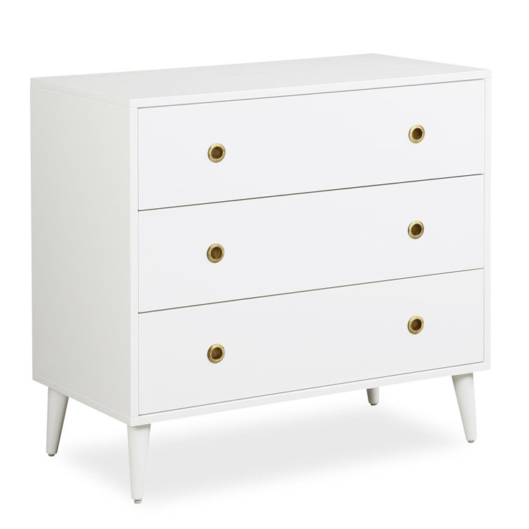White Mid-Century Modern Pine Wood 3-Drawer Dresser