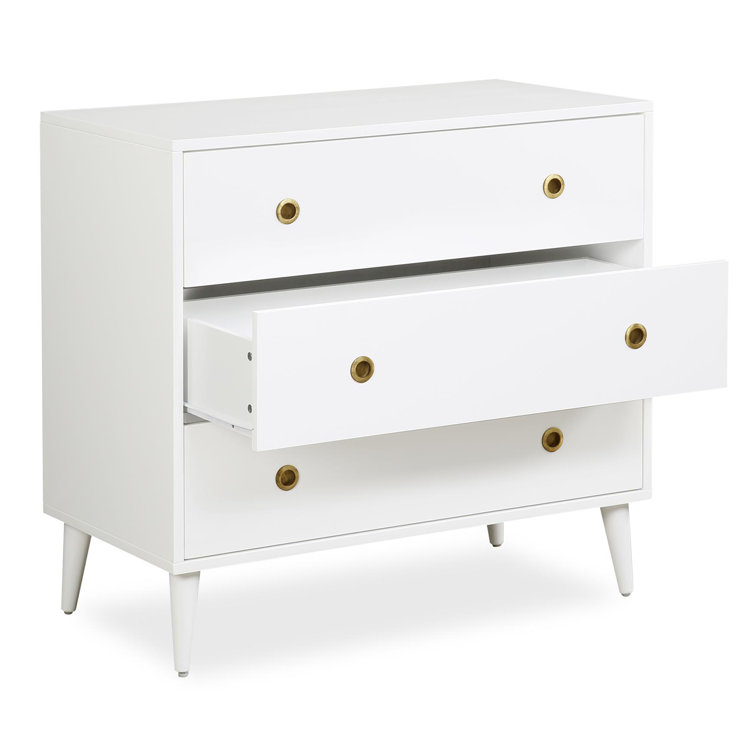 White Mid-Century Modern Pine Wood 3-Drawer Dresser