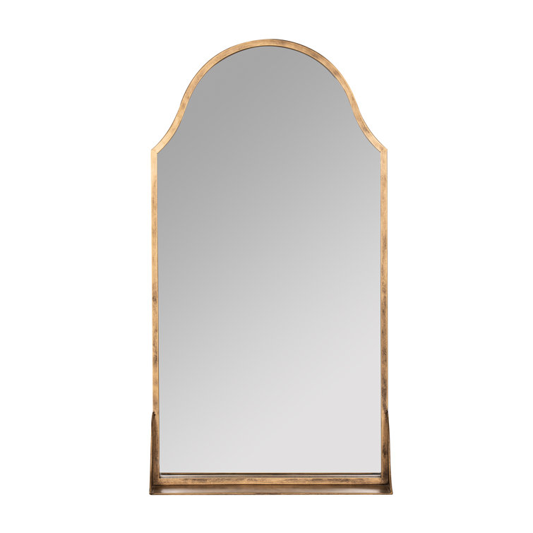 Arched Antique Bronze Wall Mirror with Built-In Wood Shelf