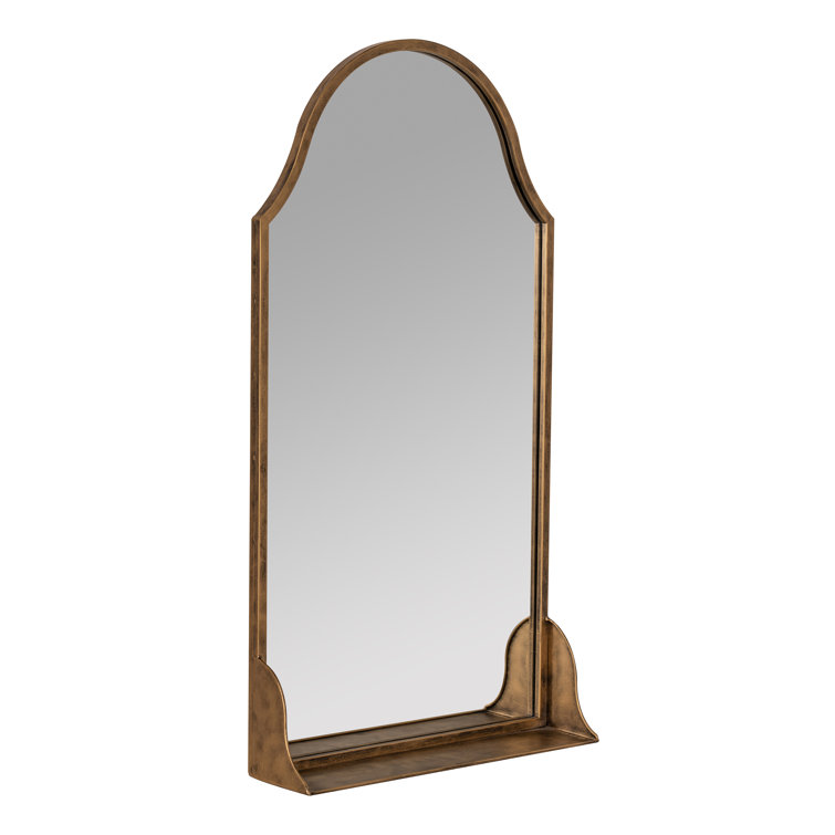 Arched Antique Bronze Wall Mirror with Built-In Wood Shelf