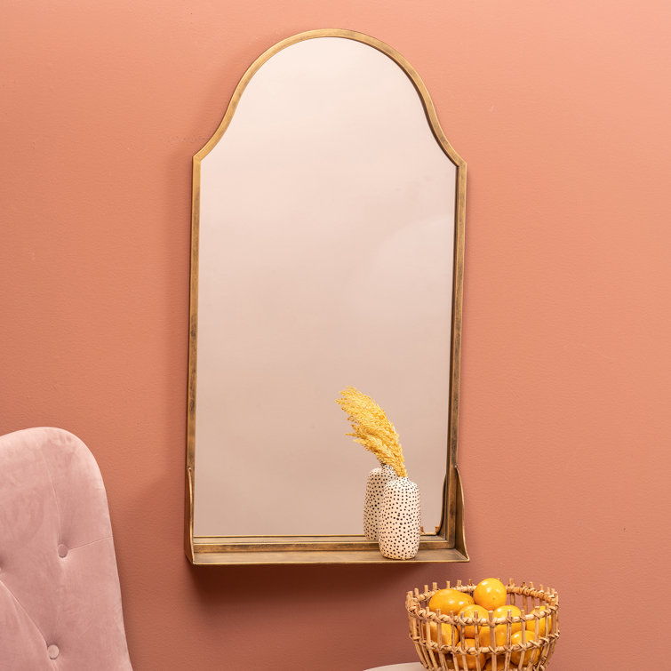 Arched Antique Bronze Wall Mirror with Built-In Wood Shelf