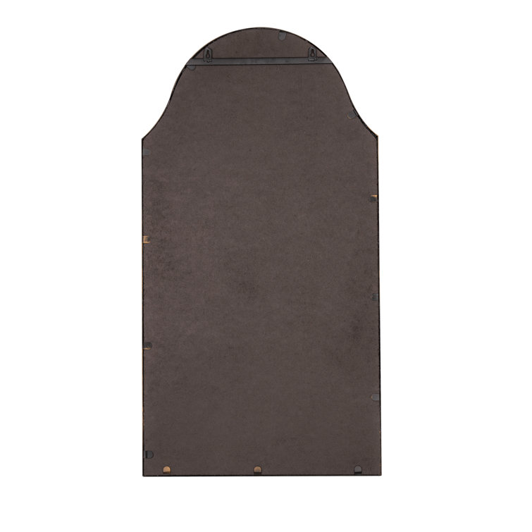 Arched Antique Bronze Wall Mirror with Built-In Wood Shelf