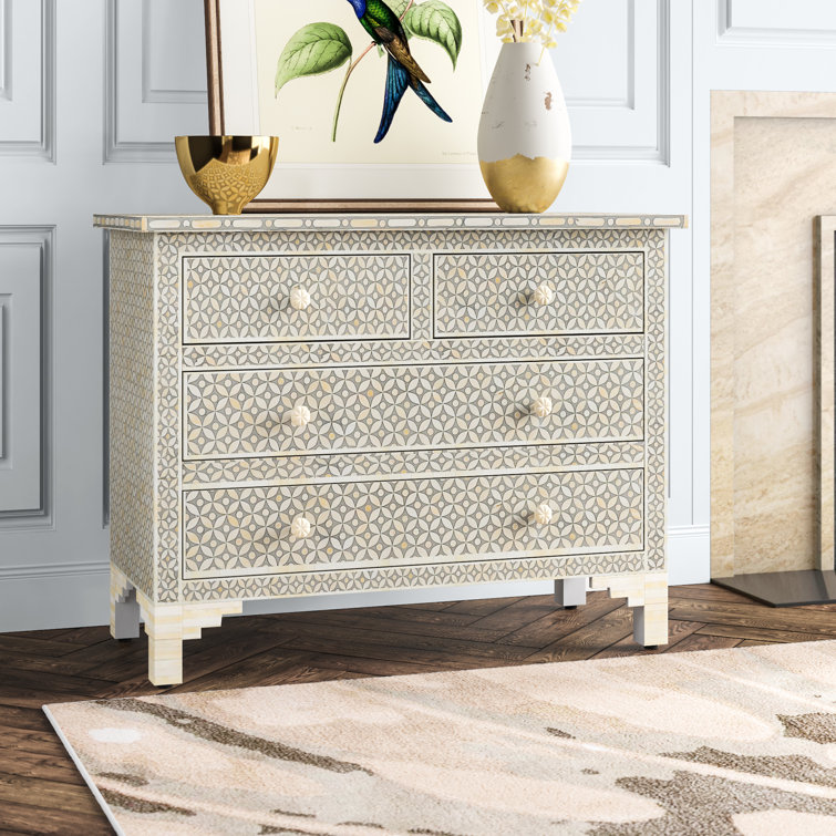 Gray and Beige Bone Inlay Coastal Accent Chest