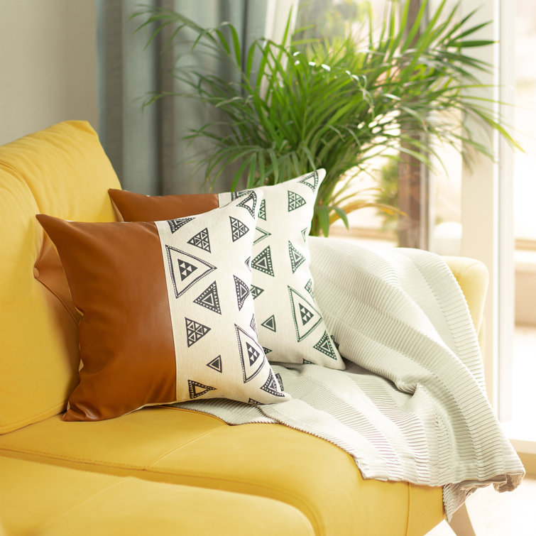 Brown and Ivory Geometric Faux Leather 17" Pillow Covers