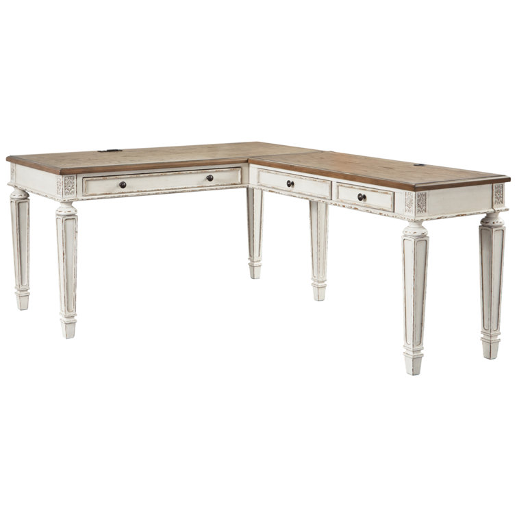 White and Distressed Wood L-Shaped Desk with Drawer and USB Port